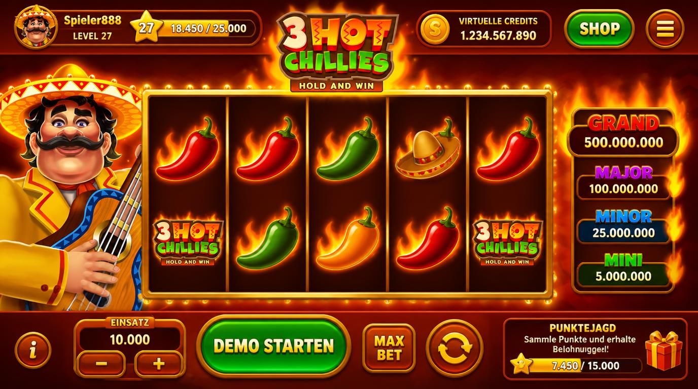 Spieler startet die Demo Version von 3 Hot Chillies mit virtuellen Credits und Punkteanzeige